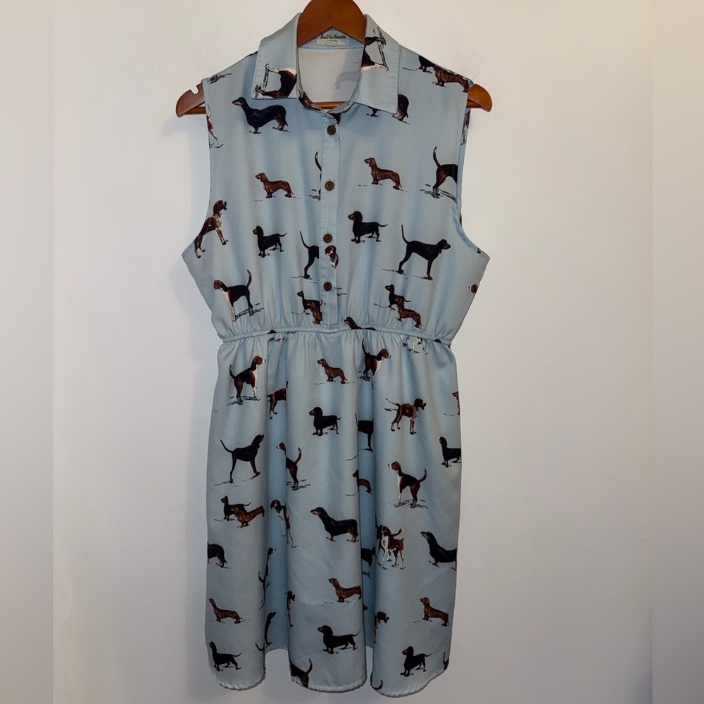 🐶 LaVieLente Sleeveless Dog Print Shirt Dress Light Blue Collared Mini Size XXL - Picture 5 of 15